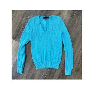 Ralph Lauren Sport Cable Knit Sweater Turquoise Blue V Neck Size M Cotton